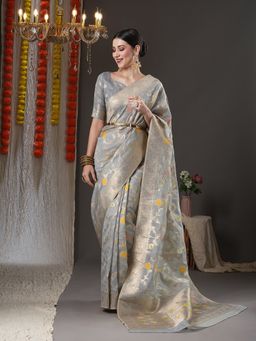 Akhilam - Womens Organza Grey Woven Design Designer Saree with Unstitched Blouse