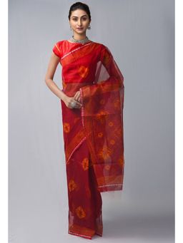 Unnati Silks - Red Pure Bandhani Kota Cotton Saree with Unstitched Blouse