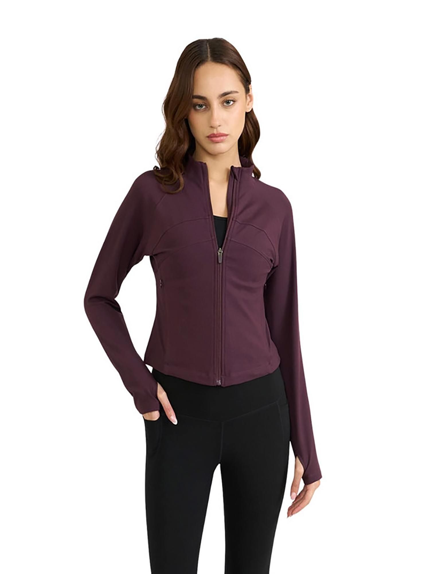 hunnit Women's Burgundy Front Zipper with 2 Side Pockets Workout Jacket-picture-12