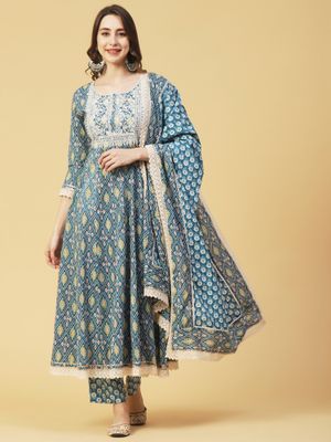 Embellished Anarkali Kurta Set with Ikat Print dupatta
