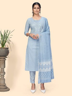 Women'S Sky Blue Cotton Straight Kurta Pant Set With Dupatta