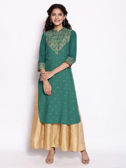 Aurelia - Green Mandarin Collar Printed Straight Kurta