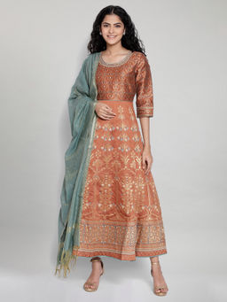 Aurelia - Brown Printed Ethnic Dress-Dupatta (Set of 2)