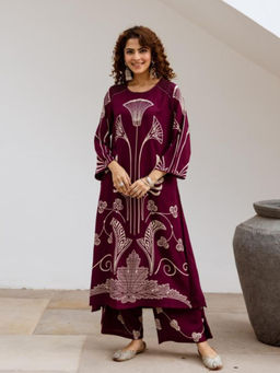KAFTANIZE - Wine Orchid Botanical Print Kurta and Palazzo