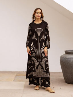 KAFTANIZE - Black Orchid Botanical Print Kurta and Palazzo