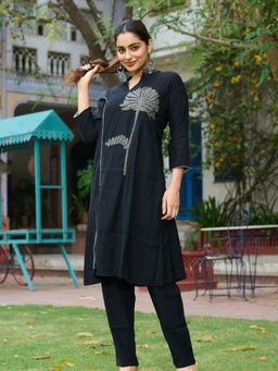 KAFTANIZE - Black Front Bold Palm Flower Motif Embellished Kurta and Pant