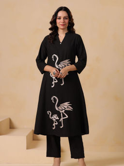 KAFTANIZE - Black Flamingo Bird Embroidered Motif Kurta and Pant