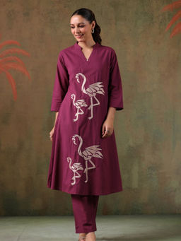 KAFTANIZE - Purple Flamingo Bird Embroidered Motif Kurta and Pant