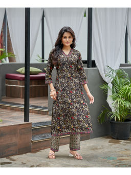 MOJILAA - Women Grey Cotton Floral Printed Straight Kurta and Pant