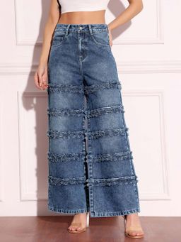 Miss Chase - Women Navy Blue Wide Leg Highly-Distressed Denim Jeans