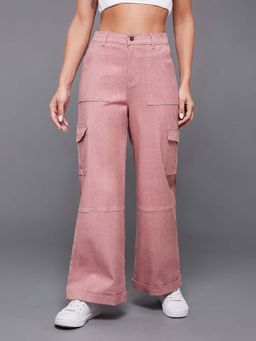 Miss Chase - Women Rose Pink Wide Leg Stretchable Denim Pant