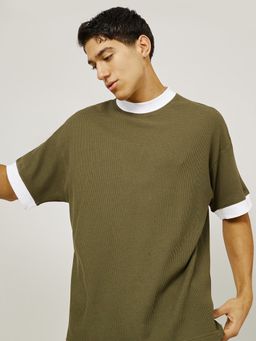 Styli - Olive Wide Ribbed Ringer Waffle Knit Oversized T-Shirt