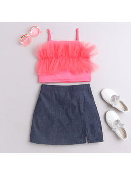 Taffy - Kids Neon Ruffle Detail Crop Top & Slit Denim Skirt Pink (Set of 2)