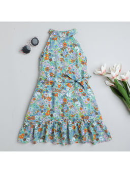 Taffy - Kids Viscose Floral Printed A-Line Dress with Tie-Up Belt Turquoise (Set of 2)