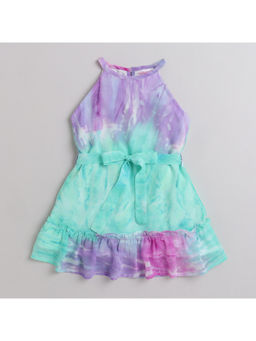 Taffy - Tie Dye Knee Length Dress with Tie-Up Belt Multi-Color