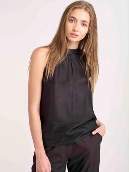 SHAYE - Black Solid Halter Neck Sleeveless Modal Satin Casual Top For Women