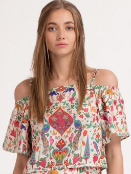 SHAYE - Peacock and Floral Printed Off Shoulder Casual Crop Top For Women