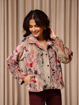 SAY - Women's Beige Floral Print Velvet Jacket