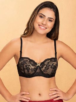 Clovia - Lace Solid Padded Full Cup Underwired Balconette Bra - Black