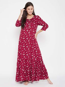 Clovia - Cotton Florals Long Nightdress - Maroon