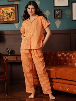 Clovia - Sassy Stripes Button Me Up Shirt & Pyjama - Brown