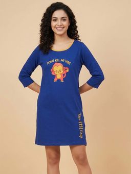 Clovia - Graphic & Text Print Short Night Dress - 100 Percent Cotton -Blue