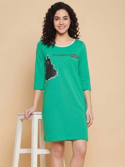Clovia - Graphic Print Sleep Tee - 100 Percent Cotton -Green