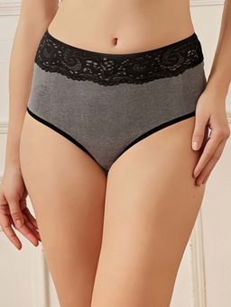 Clovia - High Waist Hipster Panty With Lace Waist Black - Cotton