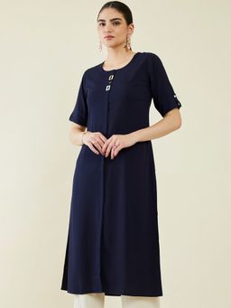 Soch - Women Navy Blue Viscose Solid Kurta
