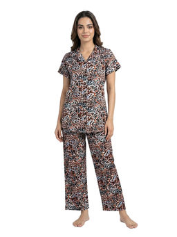 Juliet - Womens Printed Satin Soft and Comfortable Night Suit Brown