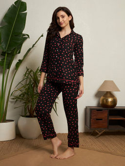 Meeranshi - Black Night Suits Heart Print Viscose Rayon for Women