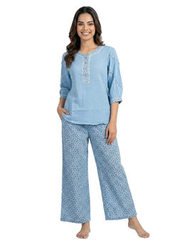 Juliet - Womens Soft Cotton Embroidered Top with Printed Pyjama Blue
