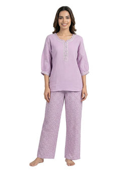Juliet - Womens Soft Cotton Embroidered Top with Printed Pyjama Purple