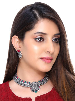 Yellow Chimes - Kolhapuri Worked Silver Oxidized Choker Necklace Set for Women