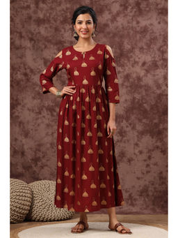 Juniper - Womens Maroon Rayon Printed Flared Dress