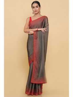 Soch - Women Brown Embroidered Saree with Unstitched Blouse