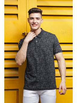 ONE SKY - Black Regular Fit Printed Polo T-Shirt