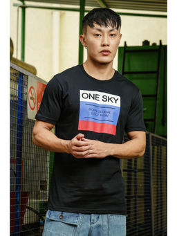 ONE SKY - Black Regular Fit Round Neck Typography T-Shirt