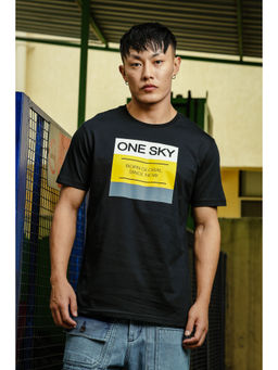 ONE SKY - Black Regular Fit Round Neck Typography T-Shirt