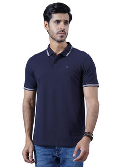 ONE SKY - Navy Blue Regular Fit Solid Polo T-Shirt
