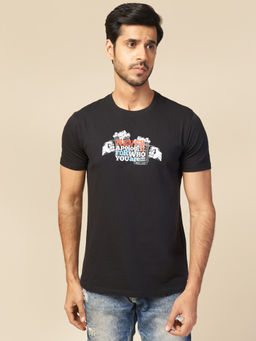 ONE SKY - Black Regular Fit Round Neck T-Shirt