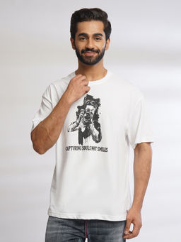 ONE SKY - White Regular Fit Round Neck Baggy T-Shirt