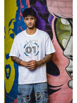 ONE SKY - White Regular Fit Round Neck Baggy T-Shirt