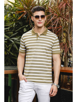 ONE SKY - Olive Regular Fit Stripes Polo T-Shirt