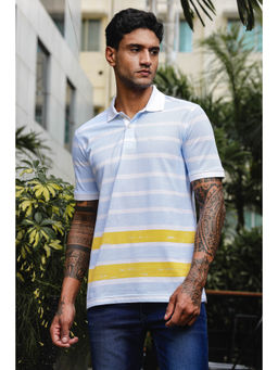 ONE SKY - Blue Regular Fit Stripes Polo T-Shirt