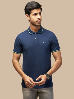 ONE SKY - Navy Blue Regular Fit Solid Polo T-Shirt