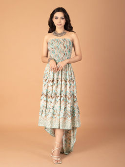 BOHOLYFE - Aqua Hues Bohemian Off Shoulder Midi Dress - Grey