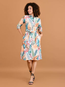 BOHOLYFE - Tropical Groove Knee Length Dress With Belt - White