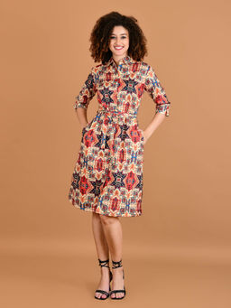 BOHOLYFE - Creamsicle Mosaic Knee Length Dress With Belt - Yellow