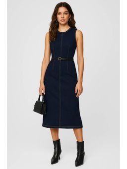 Belliskey - Womens Blue Denim Sleeveless Below Calf Midi Dress